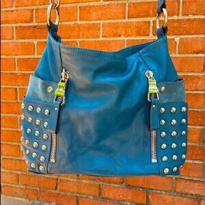 B Makowsky Teal Blue Leather Hobo Satchel Studded Zip Front Pockets Long Strap